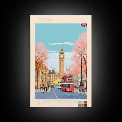 London United Kingdom Travel Poster Framed Canvas Print, Wall Decor, Midcentury Modern Art, Pop Art, Scenic Art for Office and Home
