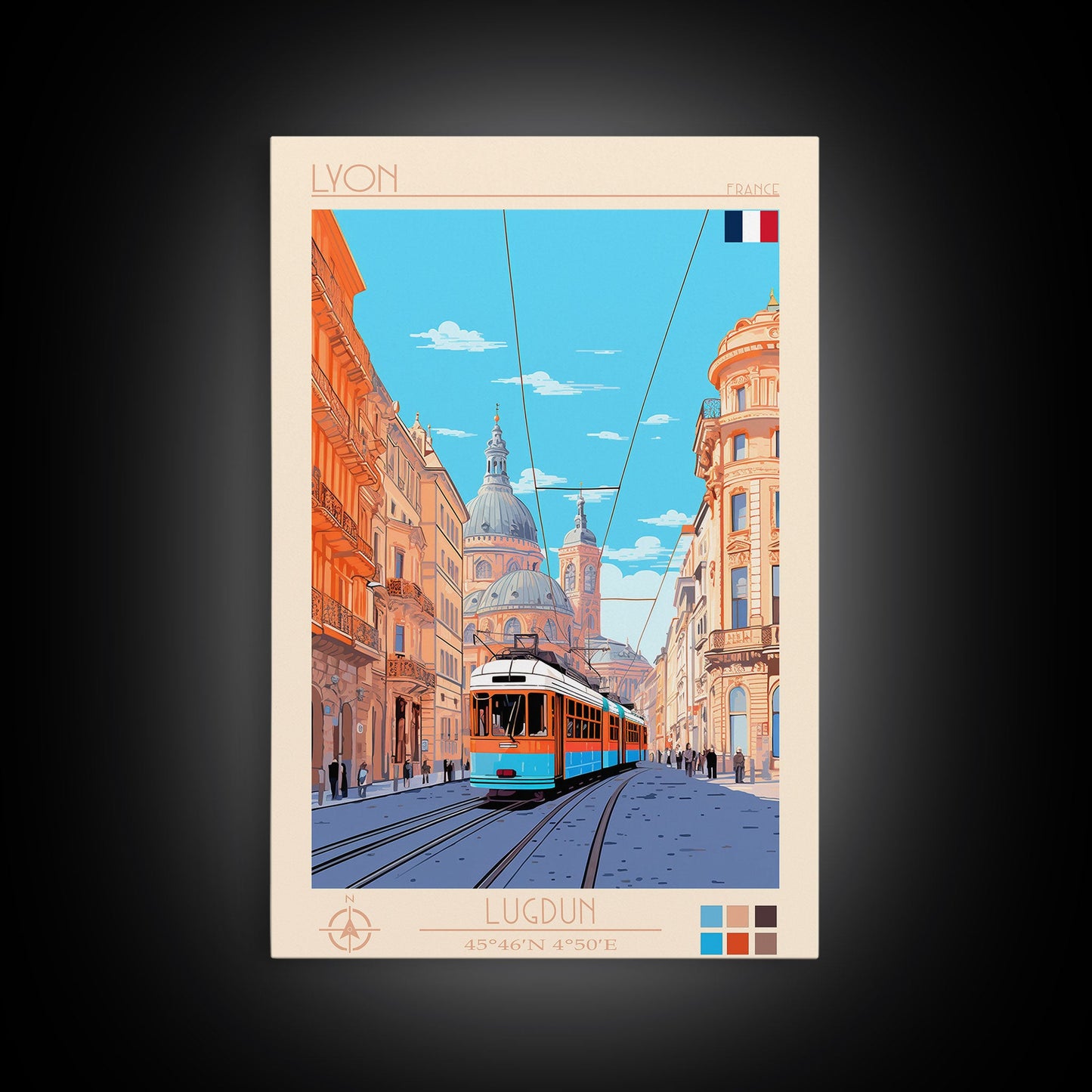 Lyon France Travel Poster Framed Canvas Print, Midcentury Modern Art, Pop Art Wall Decor, Scenic Bedroom Art, Office Decoration