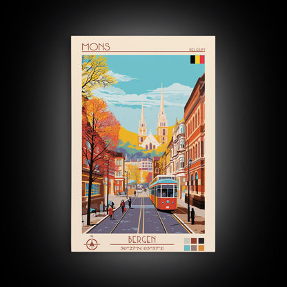 Mons Belgium Travel Poster Framed Canvas Print, Midcentury Modern Art, Pop Art Wall Decor, Home Decor, Vacation Gift, Office Art