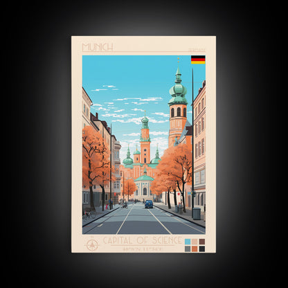 Munich Germany Travel Poster Framed Canvas Print, Midcentury Modern Art, Pop Art Wall Decor, Scenic Wall Art, Living Room Decoration, Office Gift