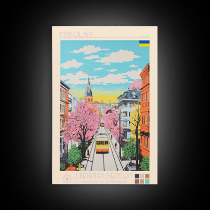 Mykolaiv Ukraine Travel Poster Framed Canvas Print, Midcentury Modern Art, Pop Art Wall Decor, Scenic Bedroom Art, Office Decoration