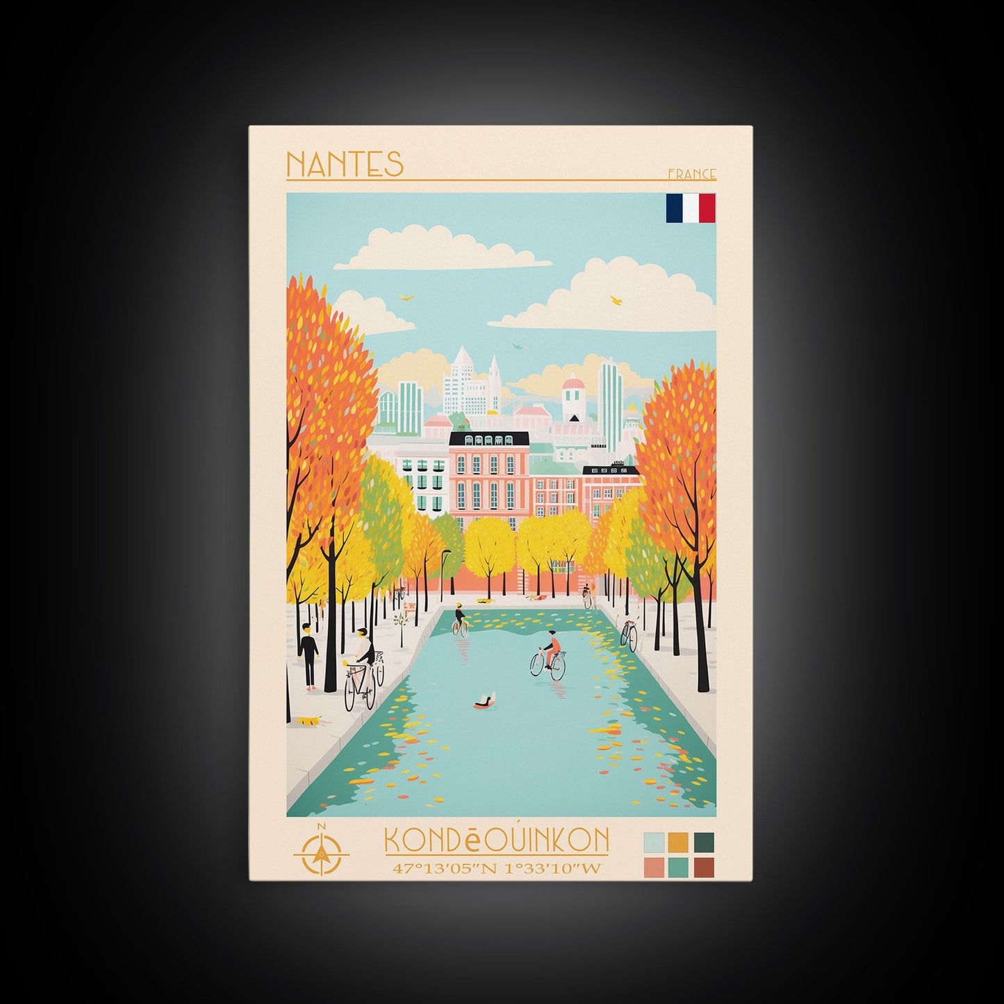 Nantes France Travel Poster Framed Canvas Print, Midcentury Modern Art, Pop Art Wall Decor, Scenic Wall Art, Bedroom Decoration