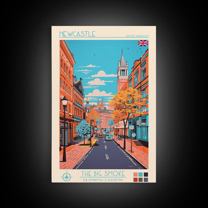 Newcastle United Kingdom Travel Poster Framed Canvas Print, Midcentury Modern Art, Pop Art Wall Decor, Scenic Living Room Art, Bedroom Decor