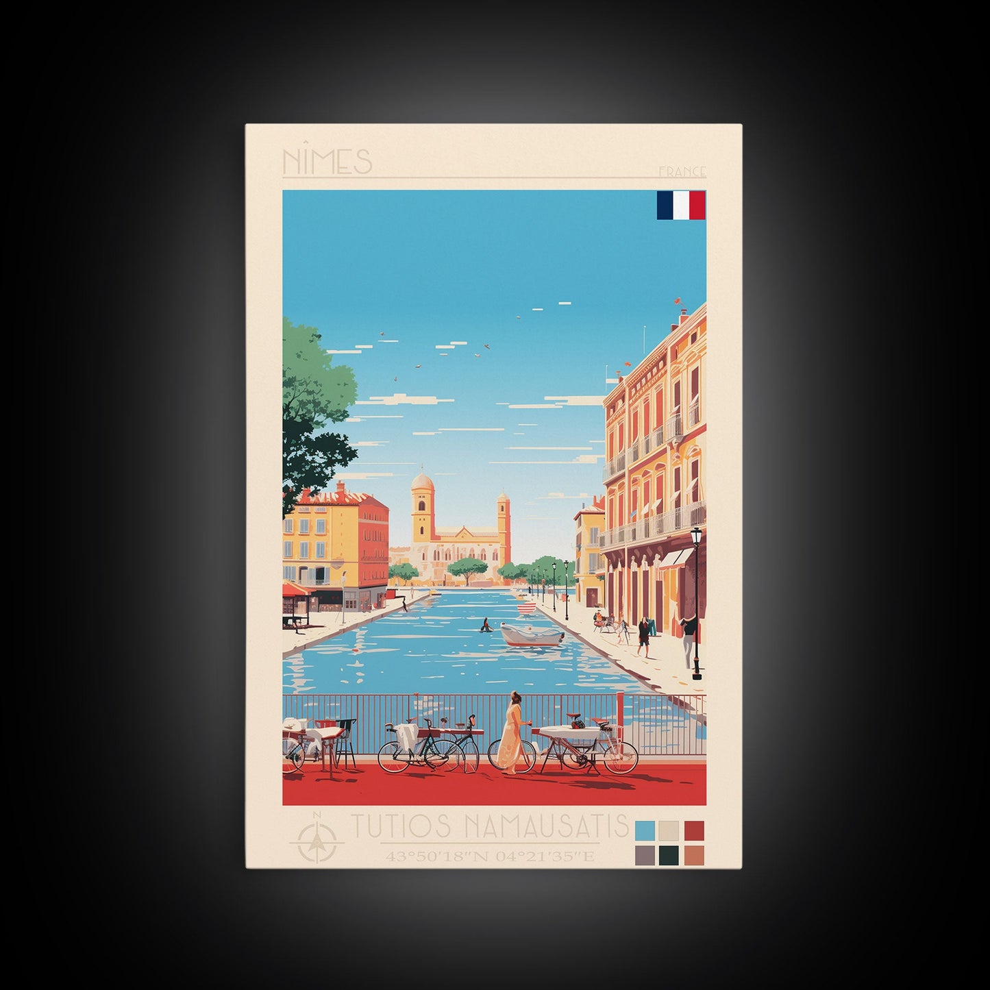 Nimes France Travel Poster Framed Canvas Print, Midcentury Modern Art, Pop Art Wall Decor, Scenic Living Room Art, Bedroom Gift