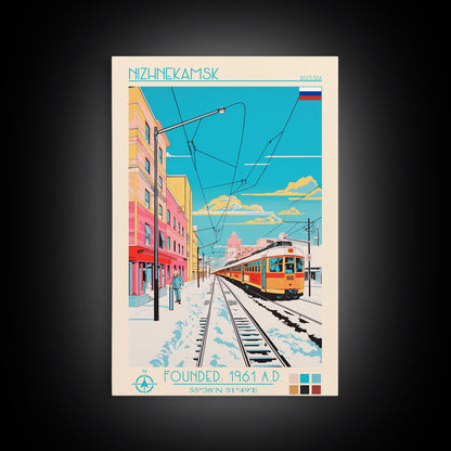 Nizhnekamsk Russia Travel Poster Framed Canvas Print, Midcentury Modern Art, Pop Art Wall Decor, Scenic Wall Art, Bedroom Decoration