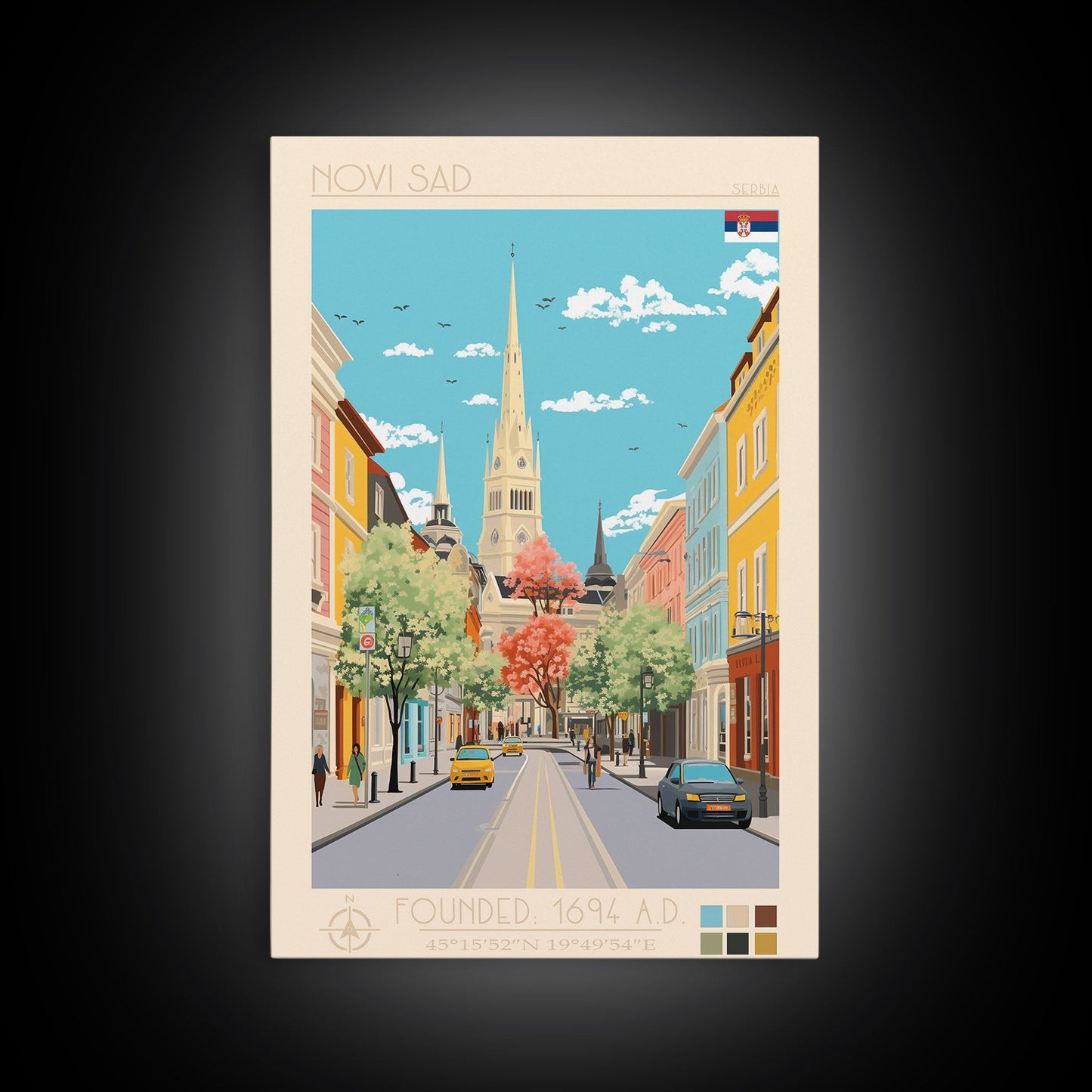 Novi Sad Serbia Travel Poster Framed Canvas Print, Midcentury Modern Art, Pop Art Wall Decor, Scenic Wall Art, Bedroom Decoration