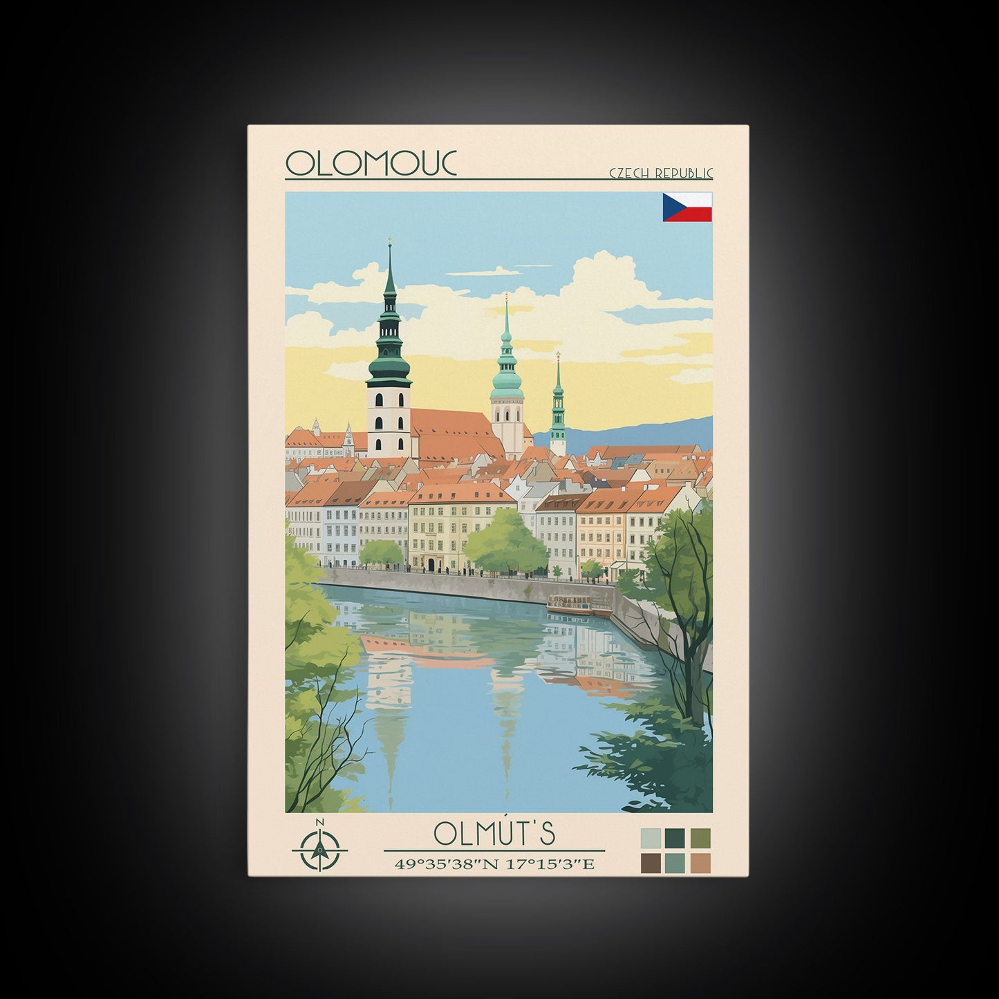 Olomouc Czech Republic Travel Poster Framed Canvas Print, Midcentury Modern Art, Pop Art Wall Decor, Scenic Wall Art, Living Room Decoration, Office Gift
