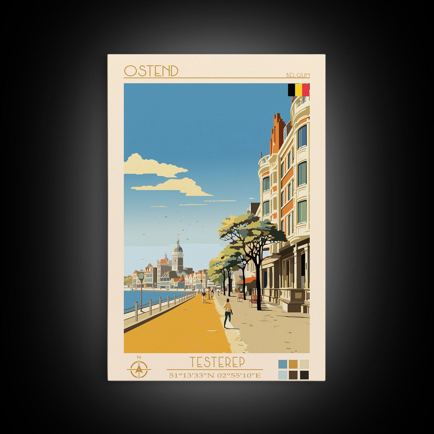 Ostend Belgium Travel Poster Framed Canvas Print, Midcentury Modern Art, Pop Art Wall Decor, Scenic Wall Art, Living Room Decoration, Office Art