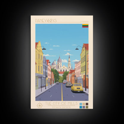 Panevėžys Lithuania Travel Poster Framed Canvas Print, Midcentury Modern Art, Pop Art Wall Decor, Scenic Living Room Art, Bedroom Gift