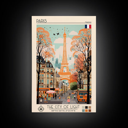 Paris France Travel Poster Framed Canvas Print, Midcentury Modern Art, Pop Art Wall Decor, Scenic Wall Art, Living Room Decoration, Office Gift