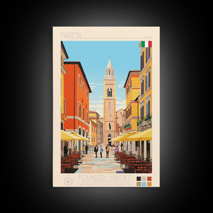 Parma Italy Travel Poster Framed Canvas Print, Midcentury Modern Art, Pop Art Wall Decor, Scenic Wall Art, Bedroom Decoration