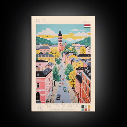 Pécs Hungary Travel Poster Framed Canvas Print, Midcentury Modern Art, Pop Art Wall Decor, Living Room Art, Home Decoration