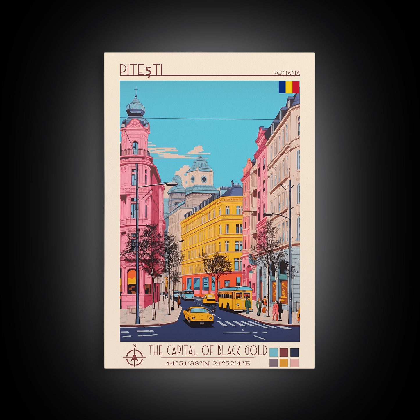 Pitești Romania Travel Poster Framed Canvas Print, Midcentury Modern Art, Pop Art Wall Decor, Home Decor, Vacation Gift, Bedroom Art