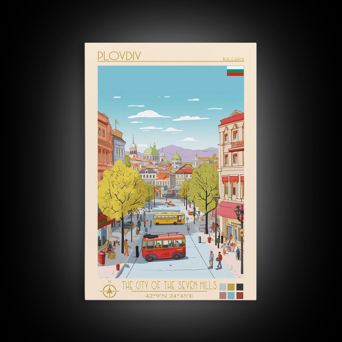 Plovdiv Bulgaria Travel Poster Framed Canvas Print, Midcentury Modern Art, Pop Art Wall Decor, Living Room Art, Home Decoration