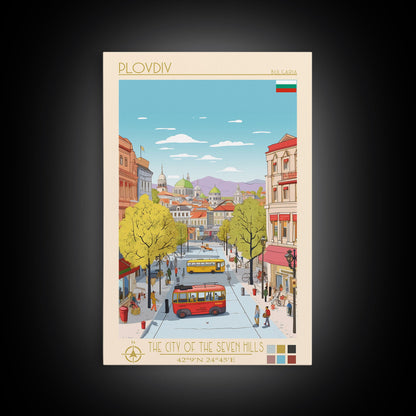 Plovdiv Bulgaria Travel Poster Framed Canvas Print, Midcentury Modern Art, Pop Art Wall Decor, Living Room Art, Home Decoration
