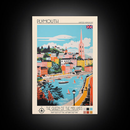 Plymouth United Kingdom Travel Poster Framed Canvas Print, Midcentury Modern Art, Pop Art Wall Decor, Scenic Bedroom Art, Office Decoration