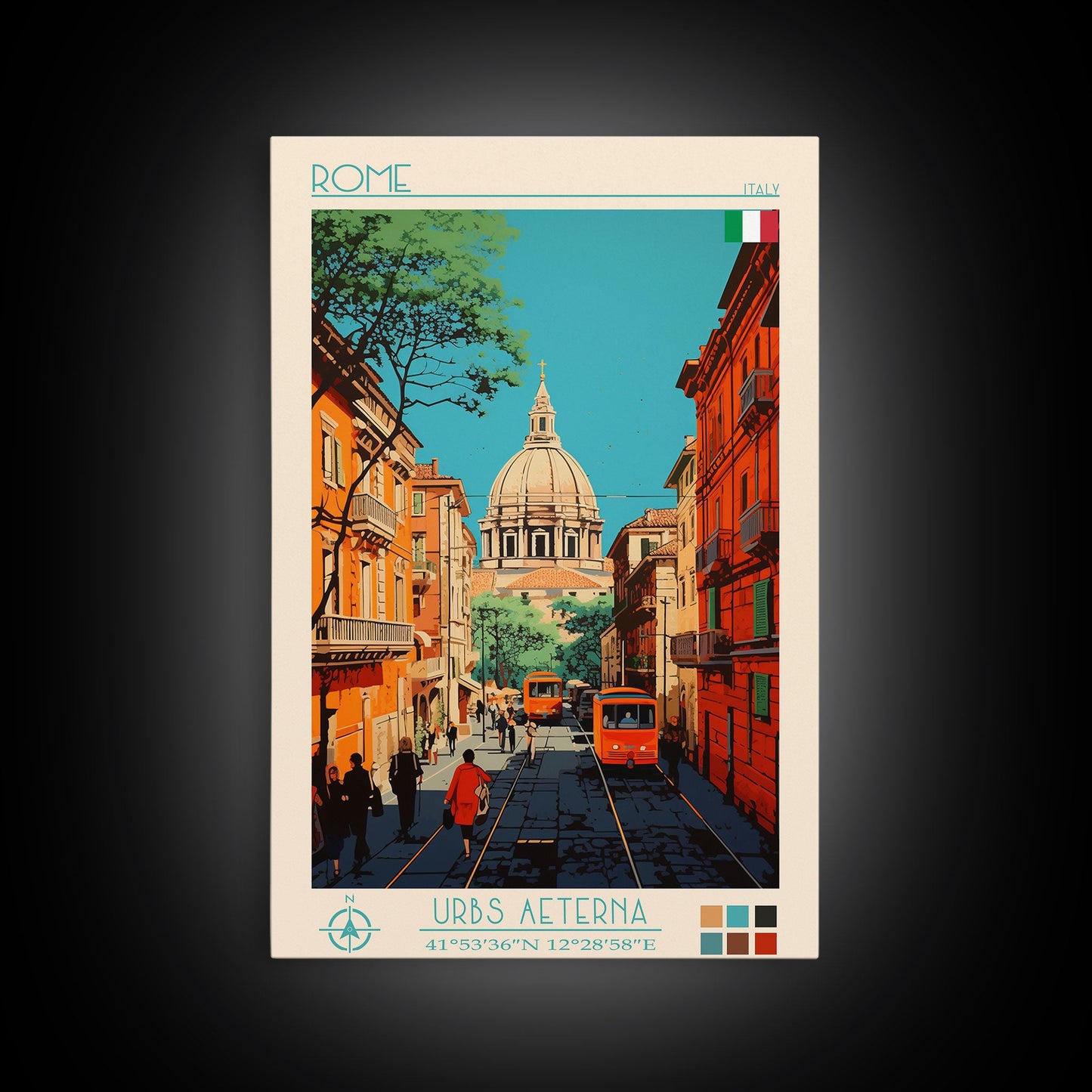 Rome Italy Travel Poster Framed Canvas Print, Midcentury Modern Art, Pop Art Wall Decor, Home Decor, Vacation Gift, Office Art