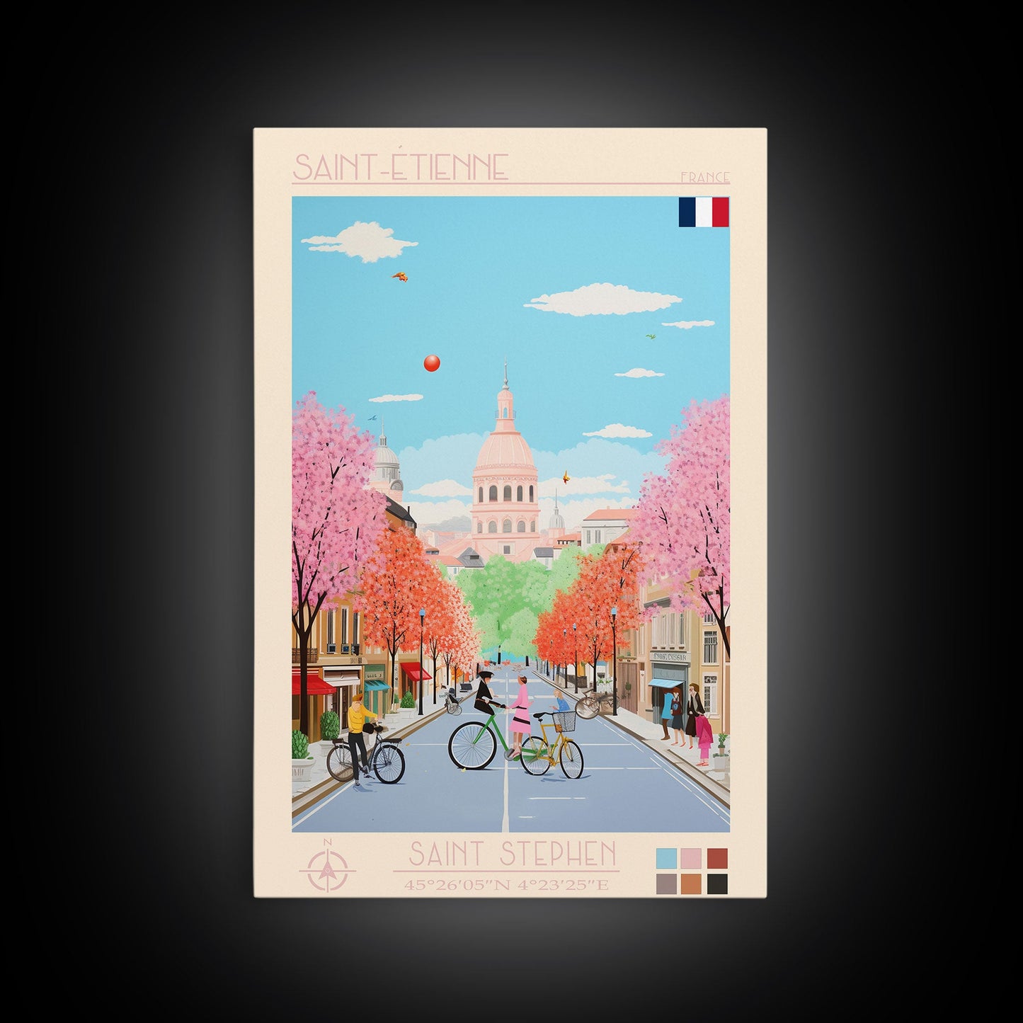 Saint-Étienne France Travel Poster Framed Canvas Print, Midcentury Modern Art, Pop Art Wall Decor, Living Room Art, Vacation Gift