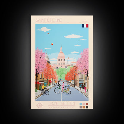 Saint-Étienne France Travel Poster Framed Canvas Print, Midcentury Modern Art, Pop Art Wall Decor, Living Room Art, Vacation Gift