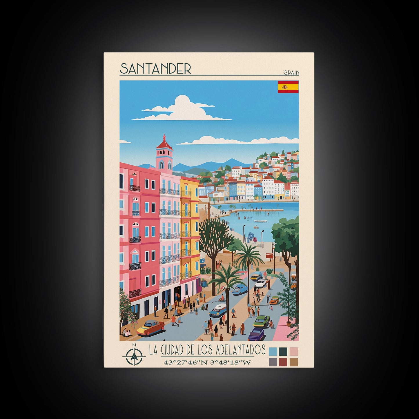 Santander Spain Travel Poster Framed Canvas Print, Midcentury Modern Art, Pop Art Wall Decor, Scenic Wall Art, Vacation Gift