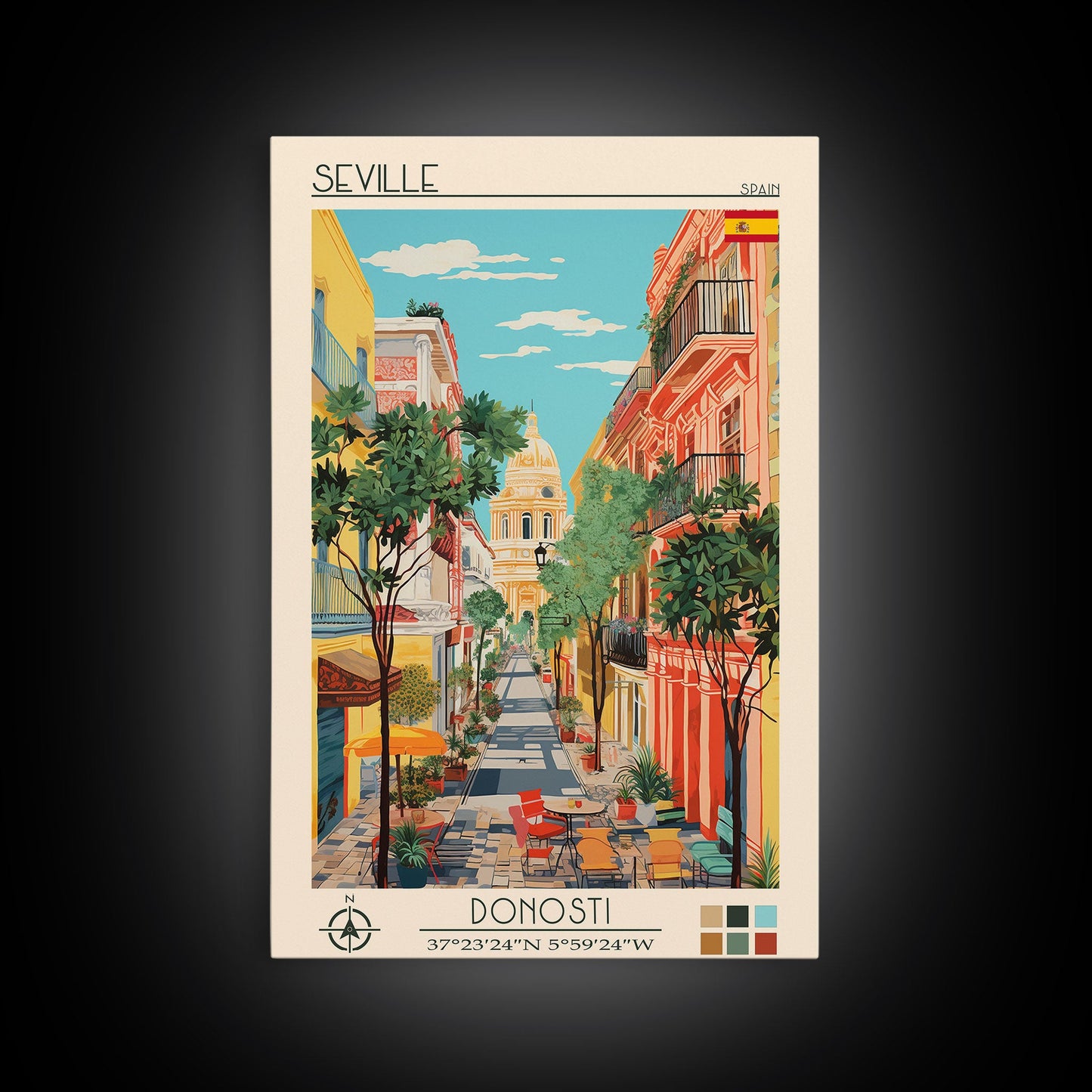 Seville Spain Travel Poster Framed Canvas Print, Midcentury Modern Art, Pop Art Wall Decor, Living Room Art, Home Decoration
