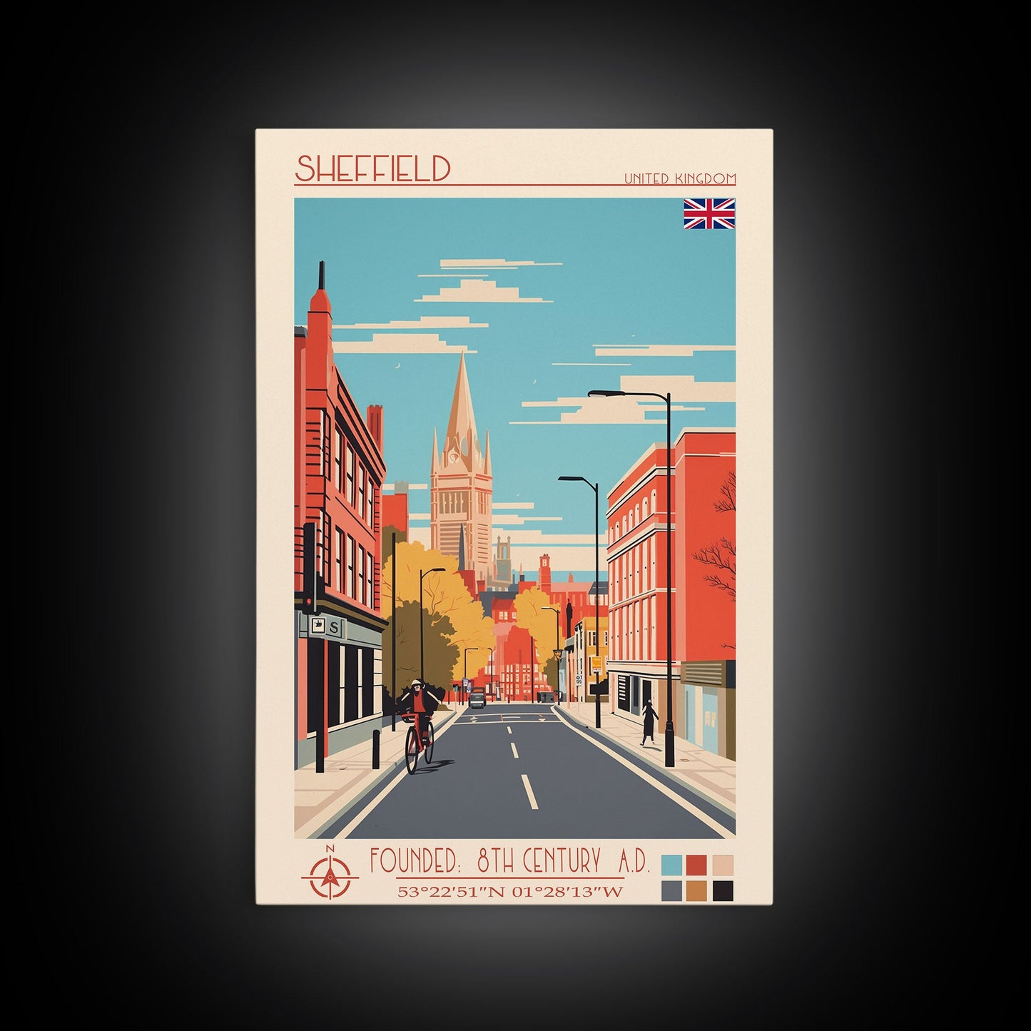 Sheffield United Kingdom Travel Poster Framed Canvas Print, Midcentury Modern Art, Pop Art Wall Decor, Home Decor, Vacation Gift, Office Art