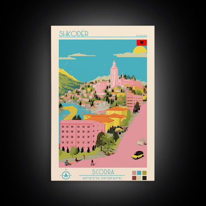 Shkodër Albania Travel Poster Framed Canvas Print, Midcentury Modern Art, Pop Art Wall Decor, Scenic Wall Art, Bedroom Decoration