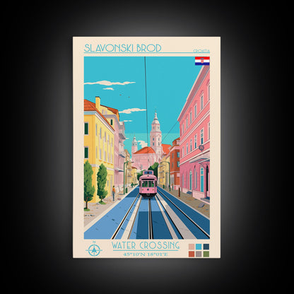 Slavonski Brod Croatia Travel Poster Framed Canvas Print, Midcentury Modern Art, Pop Art Wall Decor, Home Decor, Office Decoration
