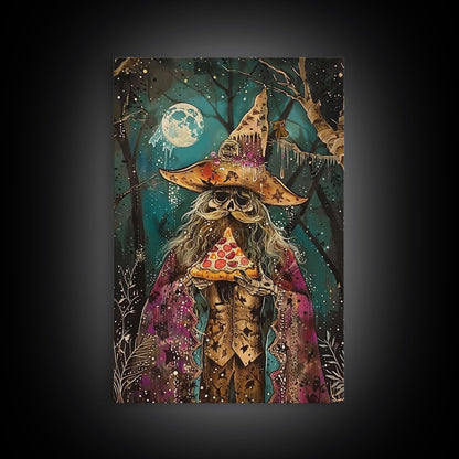 Ghostly Wizard Having A  Slice of Pizza, Funny Halloween Decor, Framed Canvas Print