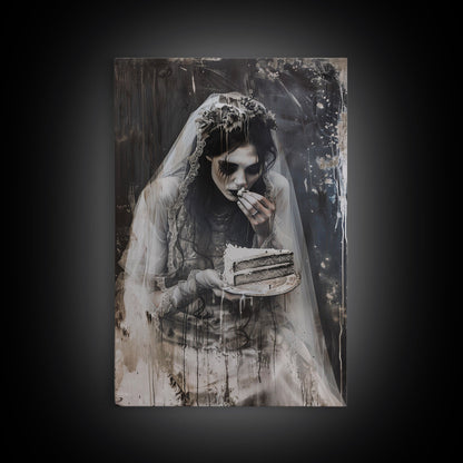 Melancholic Ghost Bride Having A Slice of Birthday Cake, Framed Canvas Print, Halloween Decor