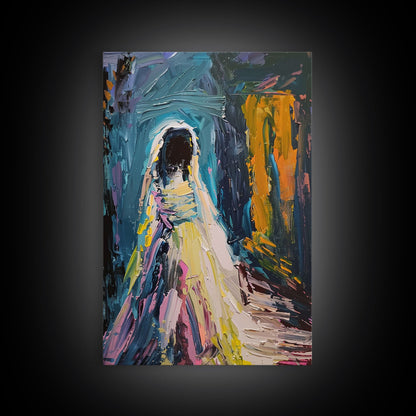 Halloween Haunted Veiled Ghost, Framed Canvas Print, Wall Art, Living Room Decor, Spooky, Ghost Art, Original Painting, Home Decor