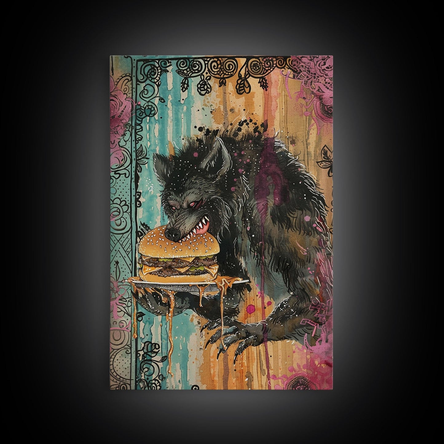 Halloween Creepy Werewolf with Burger Framed Canvas Print, Wall Art, Living Room Decor, Kitchen Art, Unique Halloween Gift, Spooky Decor