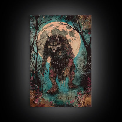 Halloween Horror Full Moon Werewolf Framed Canvas Print, Wall Art, Living Room Decor, Halloween Decor, Spooky Wall Hanging, Haunted House
