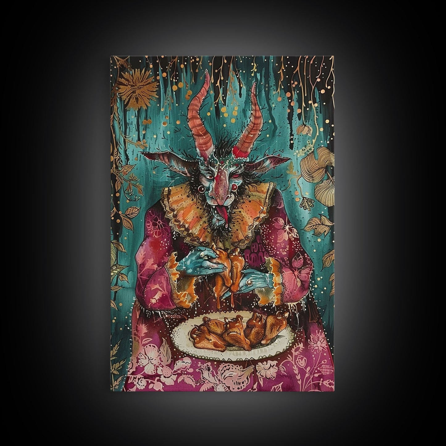 A demon eating some hot wings - hope he didn't sell his soul for them they look pretty good! Halloween Wall Art Framed Canvas
