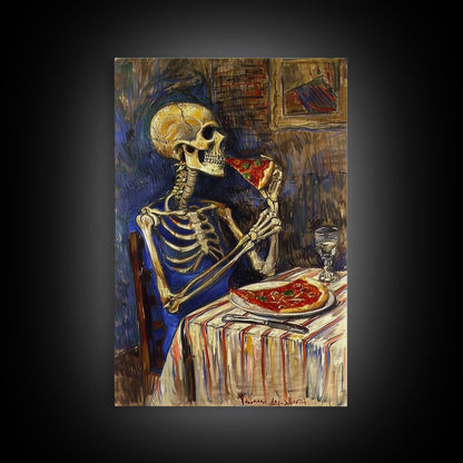 Funny Skeleton Eating A Pizza, Framed Canvas Print, Halloween Decor