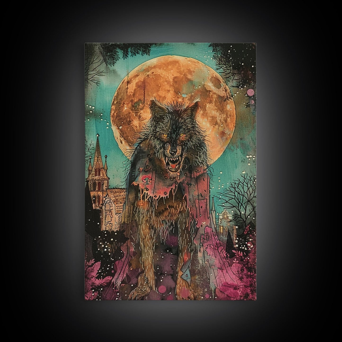 Fierce Werewolf with Blood Moon Framed Canvas Print | Halloween Monster Art | Spooky Werewolf Decor for Home | Intense Full Moon Artwork