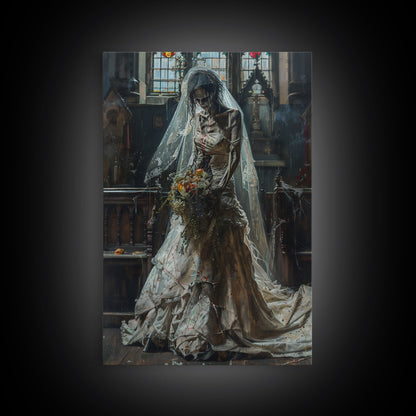 Ghostly Bride in Abandoned Church Framed Canvas Print | Halloween Bride Art | Eerie Bride Decor for Home | Haunted Wedding Artwork