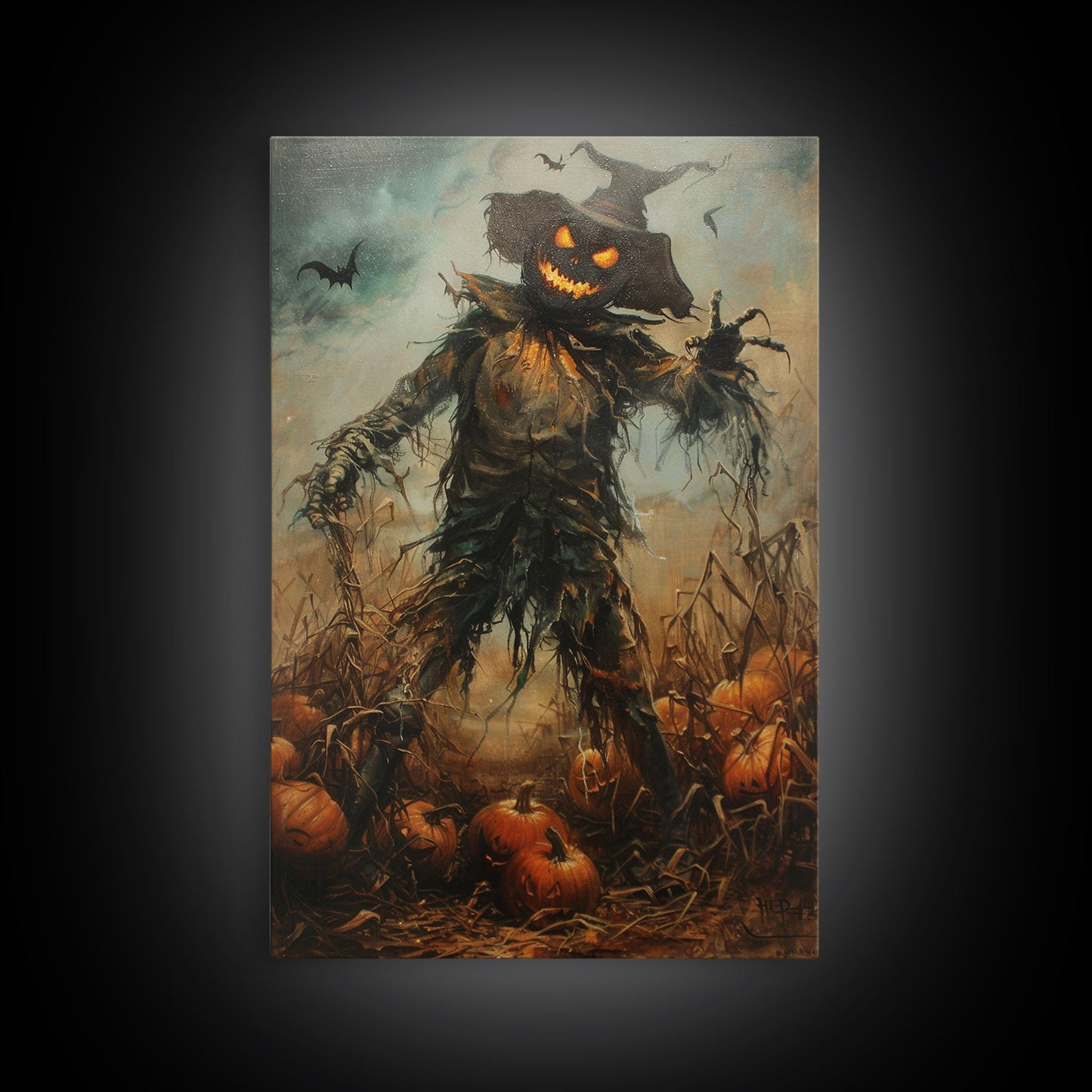 Sinister Scarecrow in Pumpkin Patch | Halloween Wall Art | Spooky Home Decor | Creepy Pumpkin Scarecrow Painting | Framed Canvas Print
