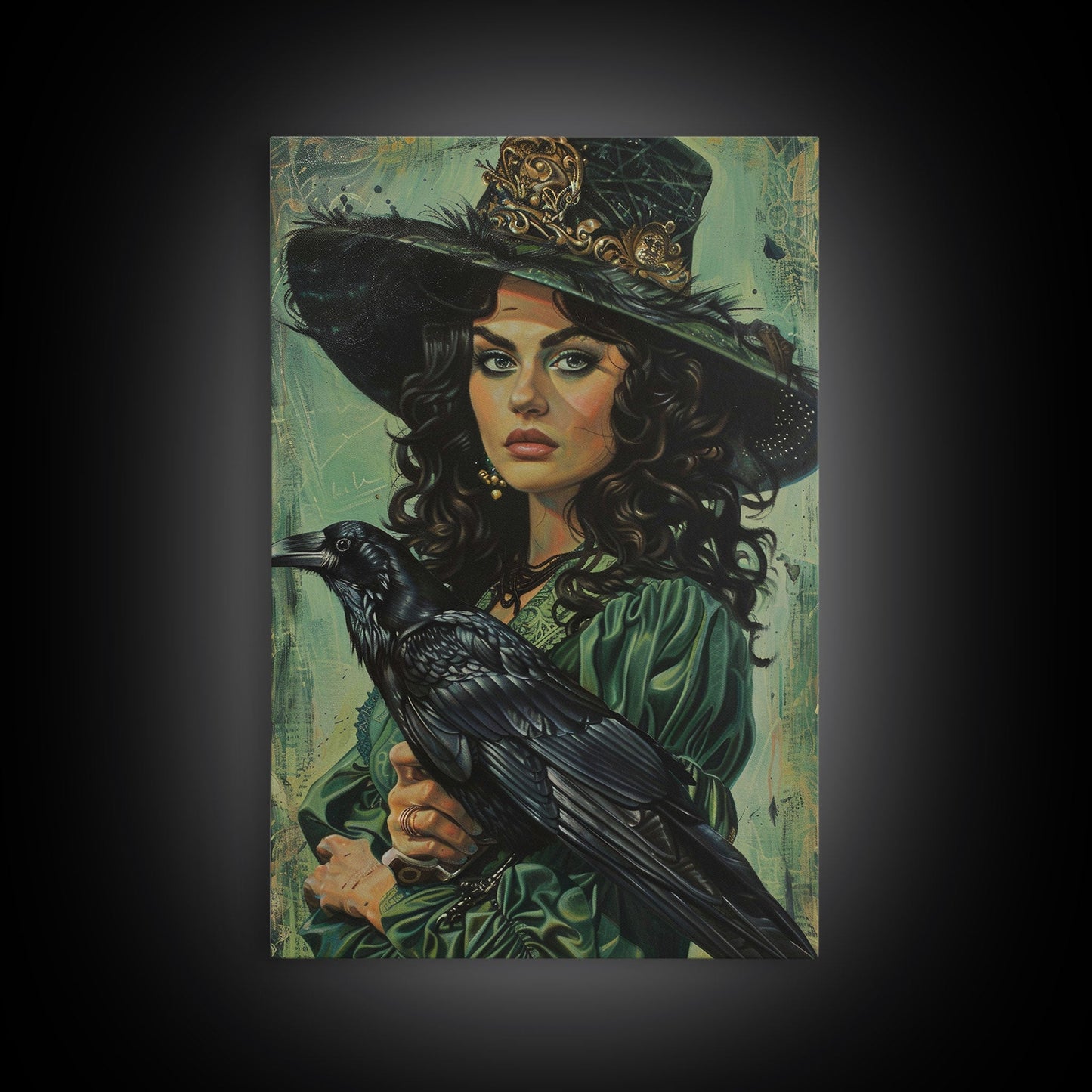 Raven Witch in Green Dress - Halloween Wall Art - Spooky Home Decor - Witch and Raven Painting - Gothic Halloween Decoration