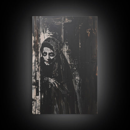 Haunted Nun with Eerie Expression, Framed Canvas Print, Gothic Halloween Art, Spooky Religious Decor, Scary Nun Painting, Gothic Home Art