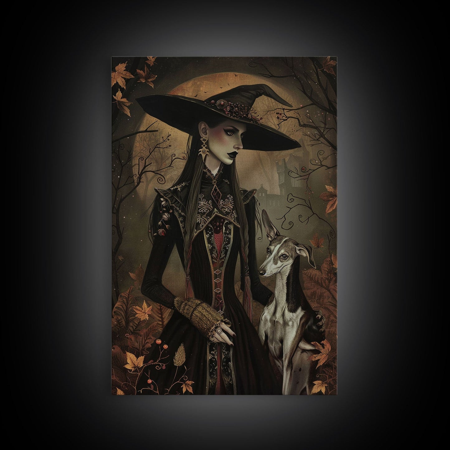 Gothic Witch with Elegant Dog, Framed Canvas Print, Dark Witch Art, Victorian Witch, Halloween Witch Decor, Gothic Home Decor