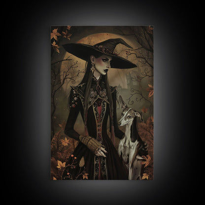 Gothic Witch with Elegant Dog, Framed Canvas Print, Dark Witch Art, Victorian Witch, Halloween Witch Decor, Gothic Home Decor