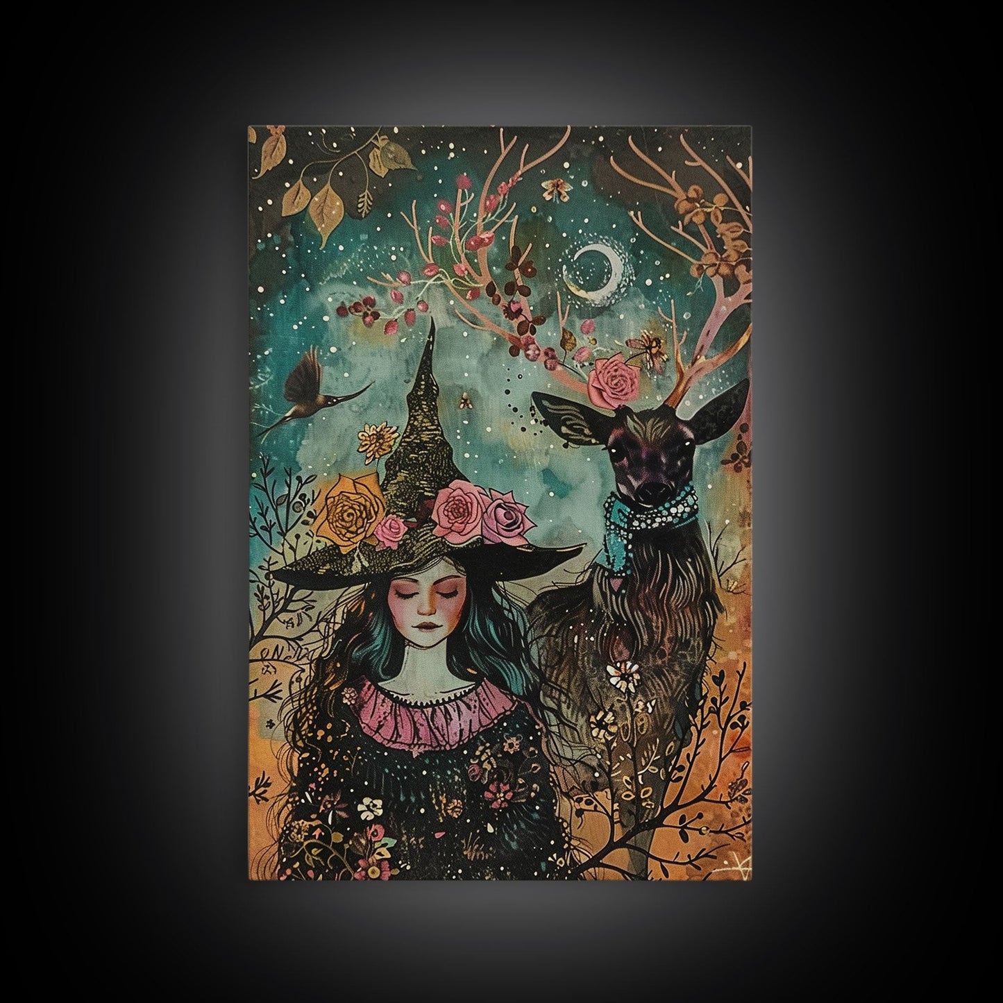 Elegant Witch with Tortoise - Halloween Art, Gothic Art, Spooky Decor, Dark Nature Art, Haunting Portrait, Framed Canvas Print