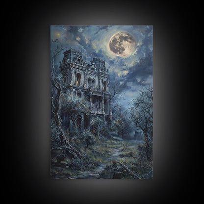 Haunted Victorian Mansion Halloween Art, Spooky House, Haunted Home, Creepy Building, Gothic Decor, Framed Canvas Print