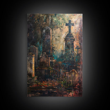 Düstere Friedhofskunst für Halloween, Gruselfriedhof, Spukfriedhof, unheimliche Grabsteine, dunkle Kunstwerke, gerahmter Leinwanddruck