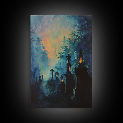 Haunted Cemetery Framed Canvas Print, Halloween Wall Art, Gothic Graveyard Art, Spooky Lantern Decor, Cemetery Lights, Horror Home Decor