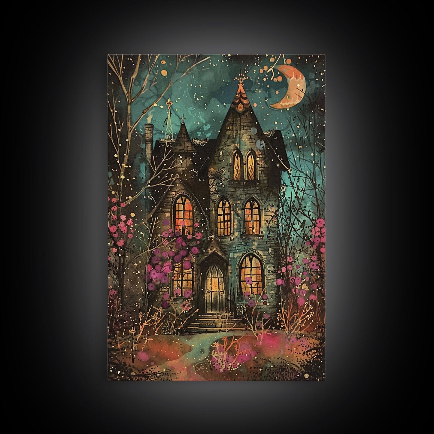 Enchanted Gothic House Framed Canvas Print, Halloween Wall Art, Spooky Art, Home Decor, Living Room Decor, Gothic Artwork, Haunted House