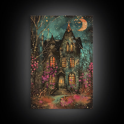 Enchanted Gothic House Framed Canvas Print, Halloween Wall Art, Spooky Art, Home Decor, Living Room Decor, Gothic Artwork, Haunted House