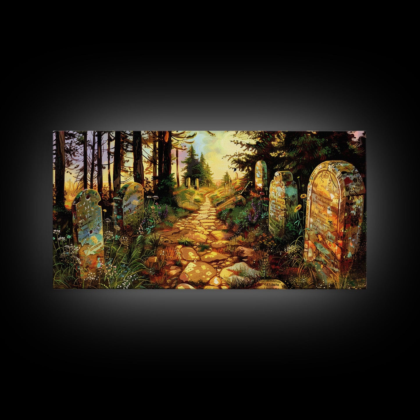 Haunted Cemetery In The Springtime, Framed Canvas Print, Colorful Halloween Decor, Halloween Wall Art