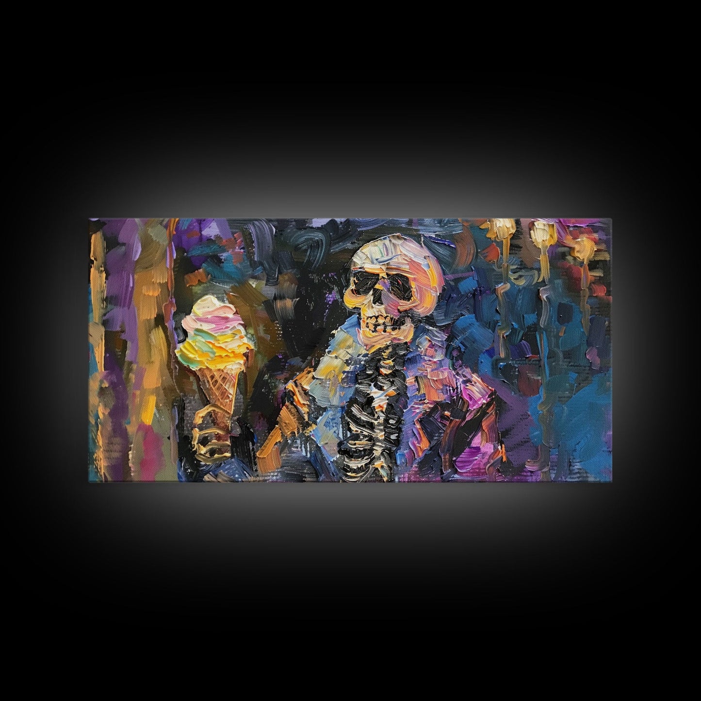 Halloween Art, Skeleton Having an Ice Cream Cone, Framed Canvas Print, Halloween Decor